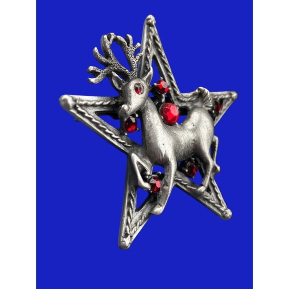 Reindeer Star Brooch With Red Rhinestones Silver-Tone Vintage Pin - Picture 7 of 7